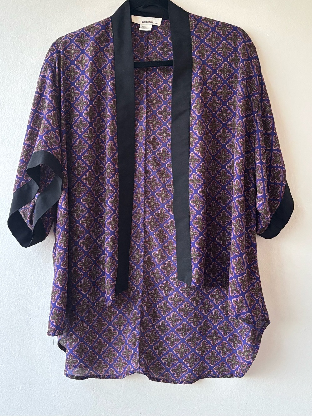 Sans Souci Purple Patterned Open Kimono with Black Trim